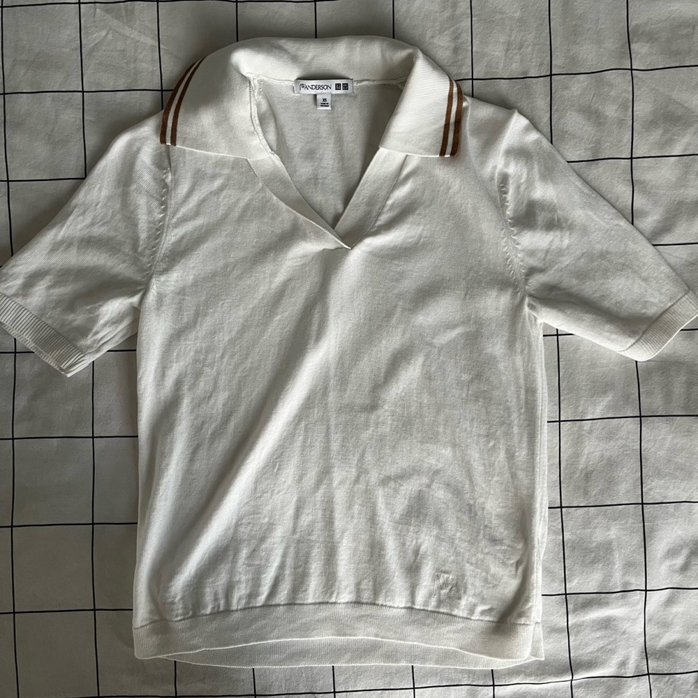Uniqlo X JW Anderson Collab White Polo Shirt with Brown Stripe Details